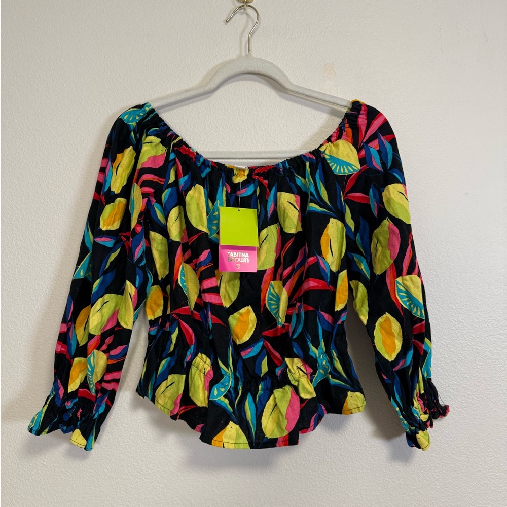 Tabitha Brown X Target‎ lemon print Bardot top sz S NWT linen blend
